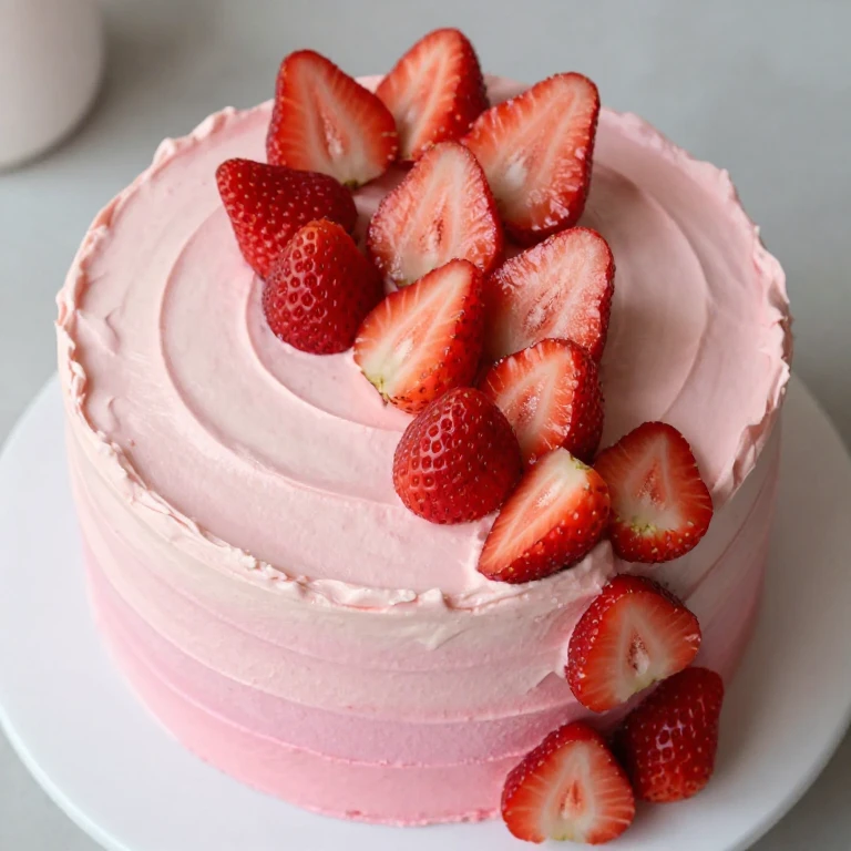 Three-layer pink ombré strawberry cake with gradient frosting and fresh berries