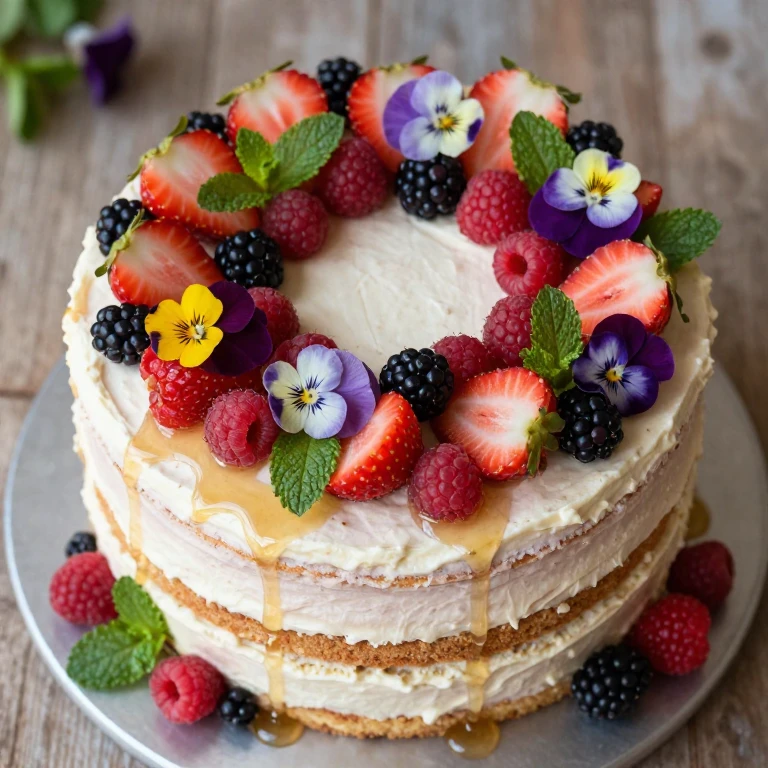 Rustic fruit cake with strawberries, berries, edible flowers, honey drizzle