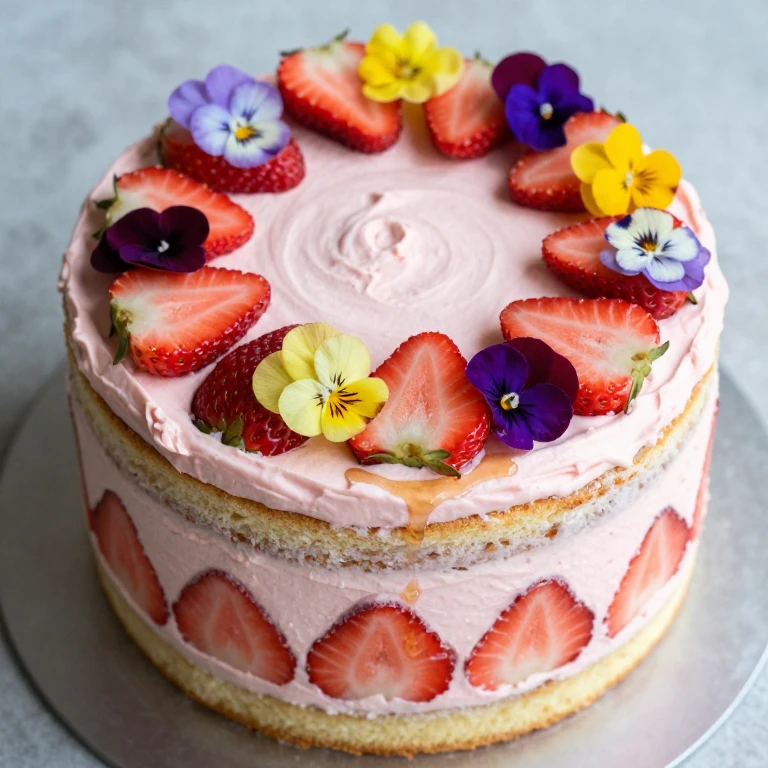 Semi-naked cake with pressed strawberries, edible flowers, and honey
