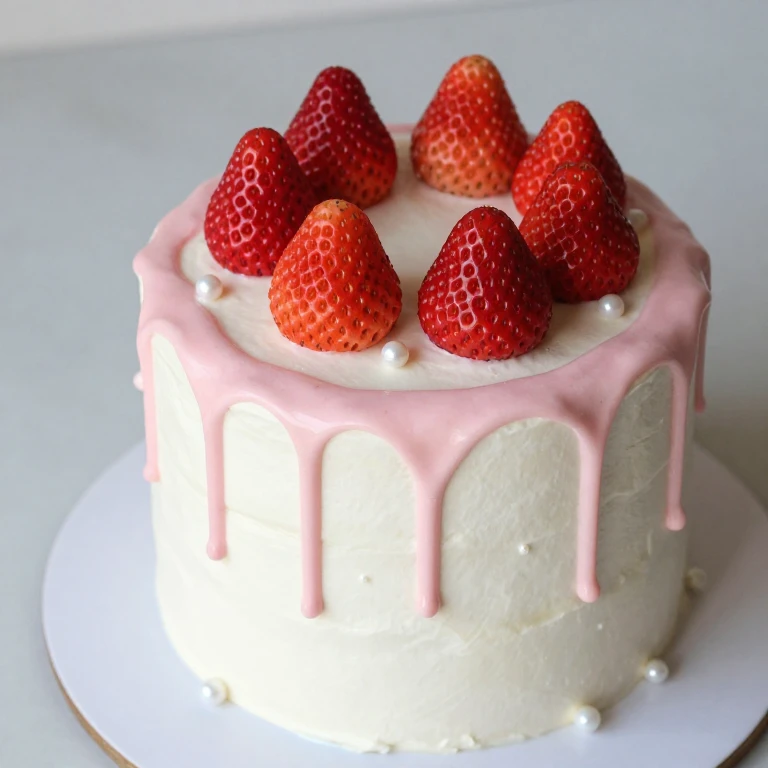 Strawberry drip cake with white frosting, pink drips, and edible pearls