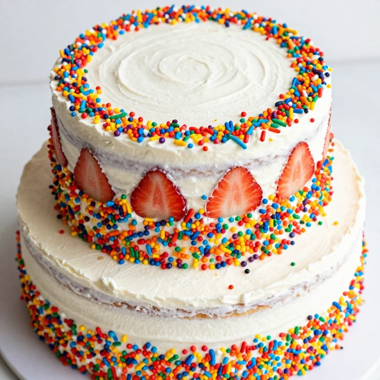 Colorful three-layer cake with rainbow sprinkles and strawberry filling throughout