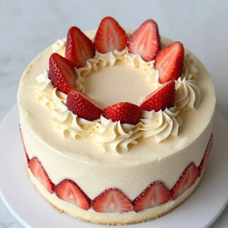 Elegant white chocolate mousse cake topped with strawberry crown and whipped cream