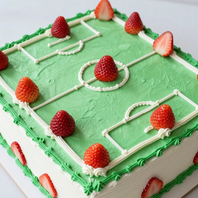 Green sports field sheet cake with white piped lines and red strawberry markers
