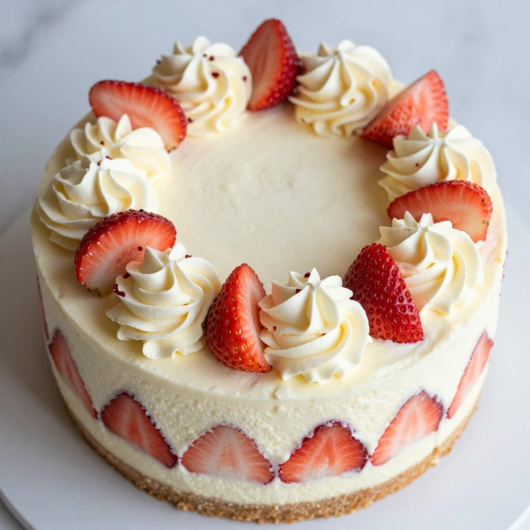 Creamy cheesecake mousse cake layered with fresh strawberries and whipped cream