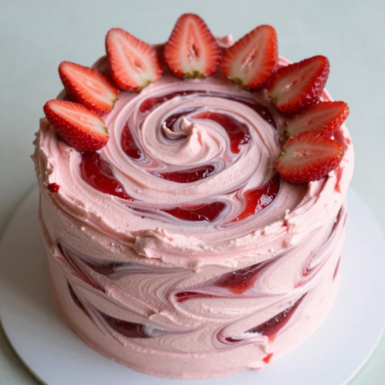 Two-layer cake with strawberry jam swirl pattern and fresh berry topping