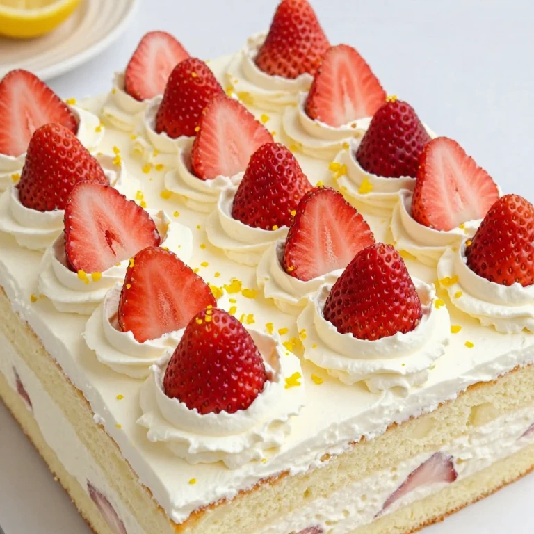 Sheet cake with whipped cream frosting, strawberry rows, and lemon zest garnish