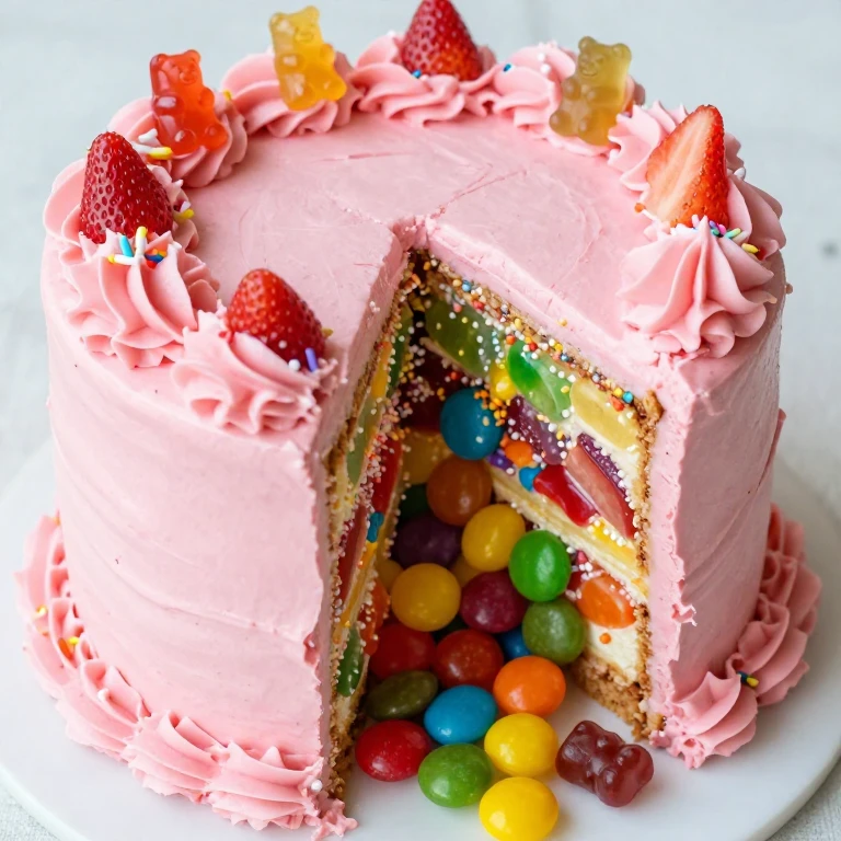 Pink frosted piñata cake with colorful candies and gummy bears hidden inside
