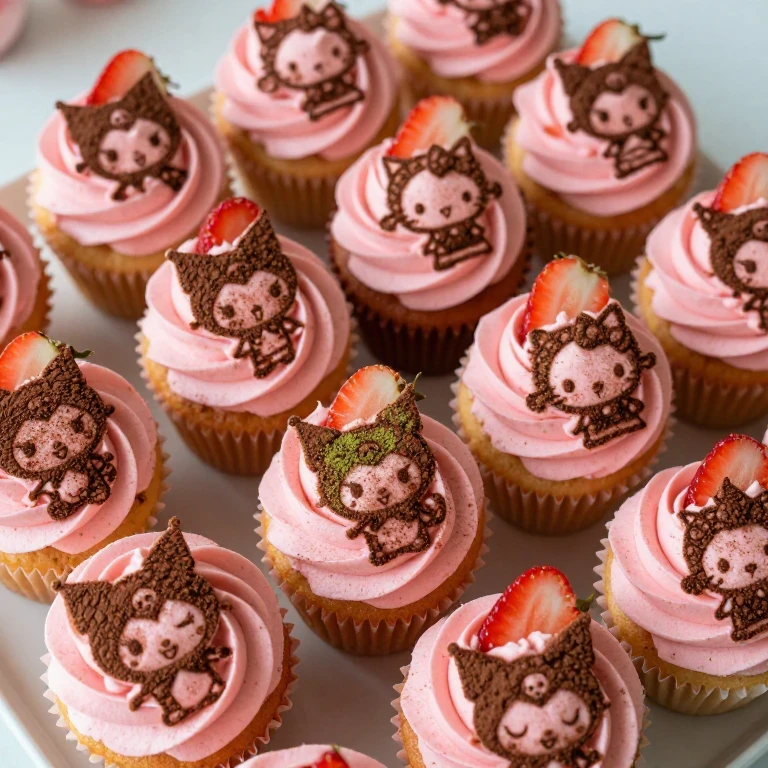Dozen pink frosted cupcakes with stenciled character designs and strawberry toppers