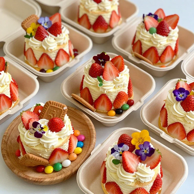 Individual bento-style cake boxes with strawberry cake, berries, cookies, and flowers