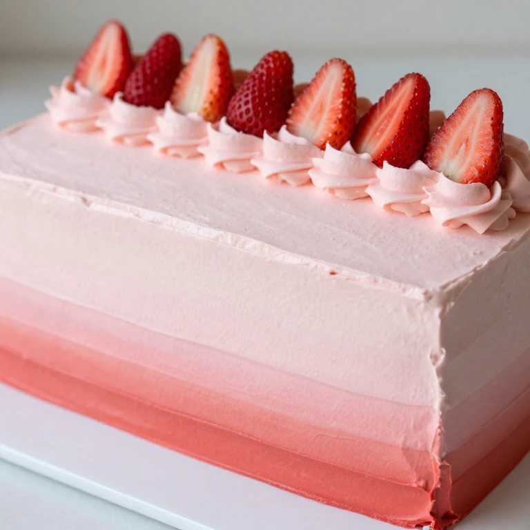 Sheet cake with pink ombré frosting stripes and strawberry border