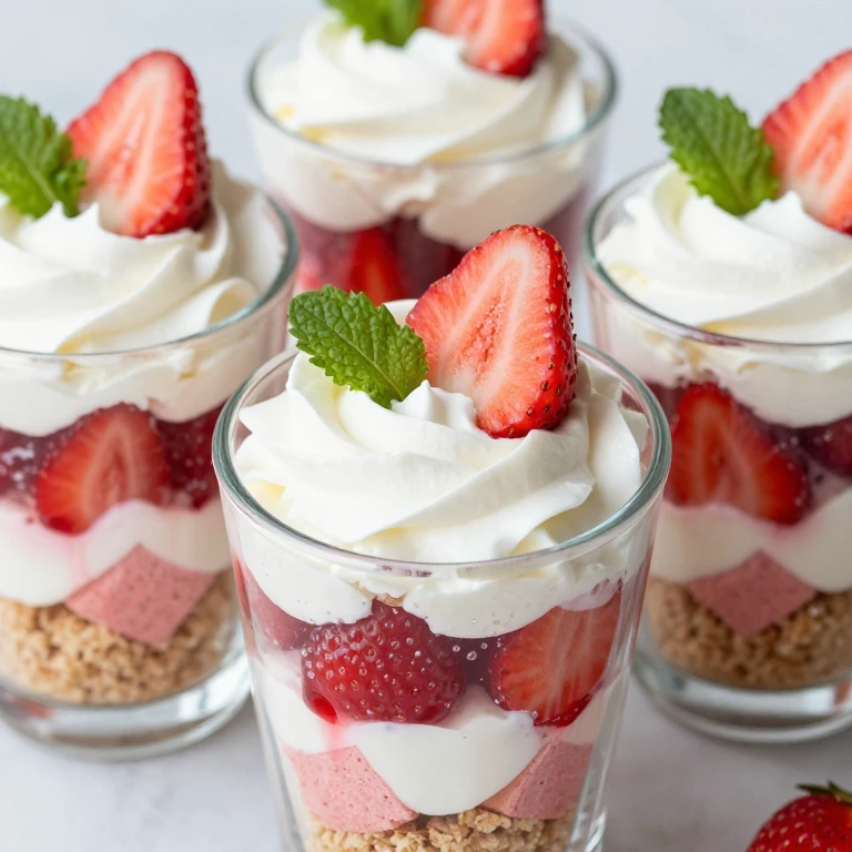 Layered strawberry shortcake trifle cups with visible cookie, cake, berries, and cream