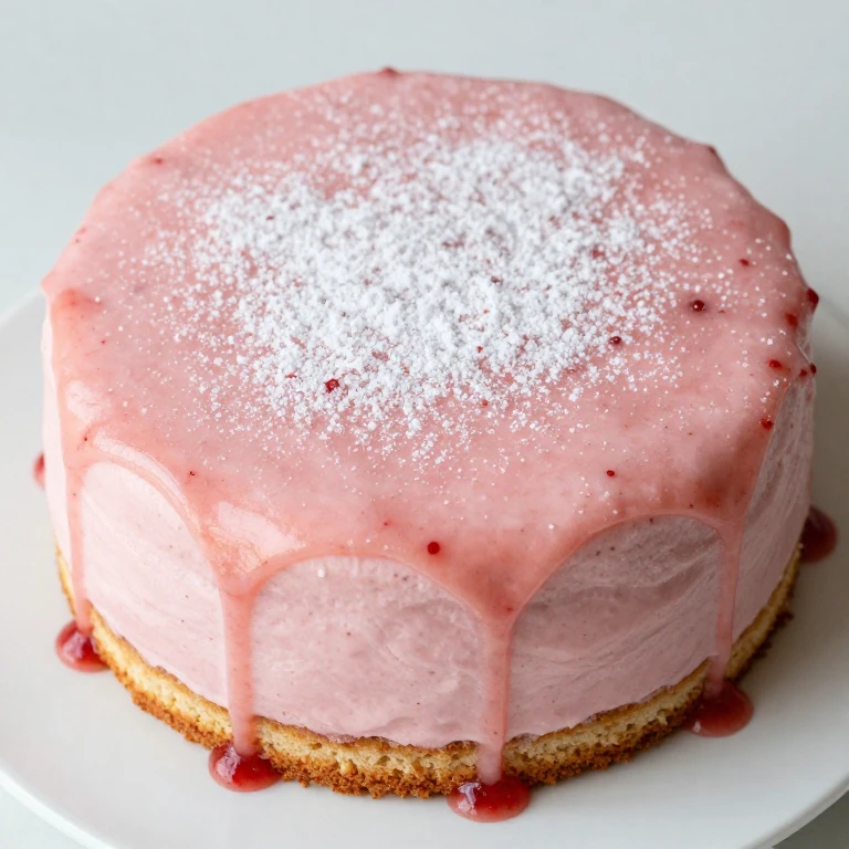 Strawberry yogurt snack cake with pink glaze on white plate
