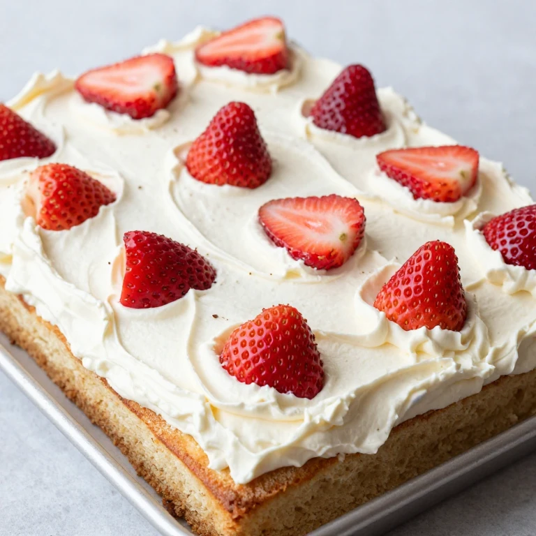 Sheet pan strawberry cake topped with cream cheese frosting and fresh berries