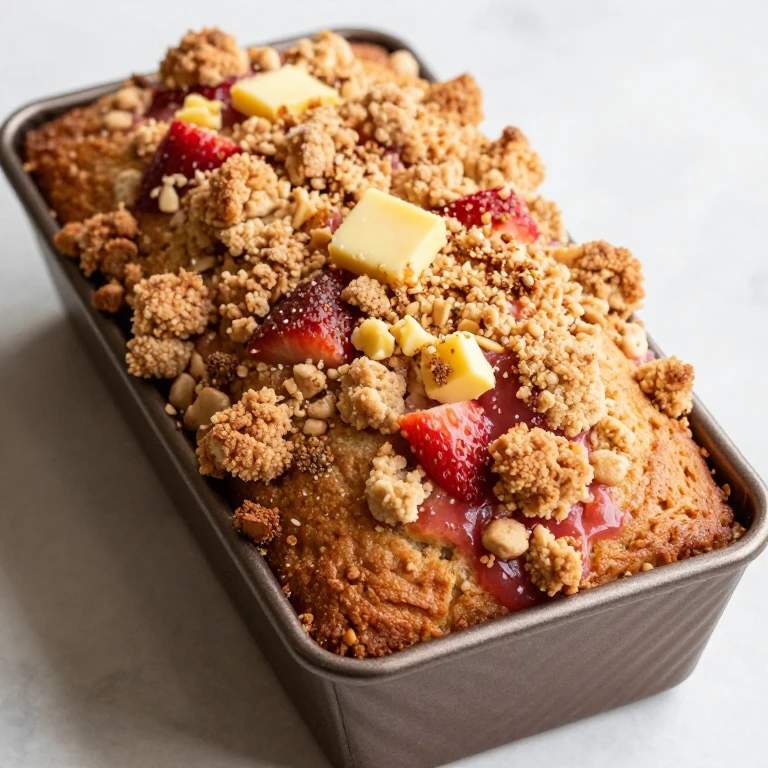 Strawberry loaf cake with golden-brown cinnamon streusel topping