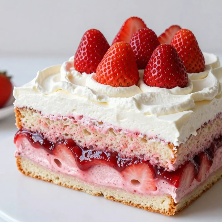 Strawberry poke cake with compote and whipped topping garnished with berries
