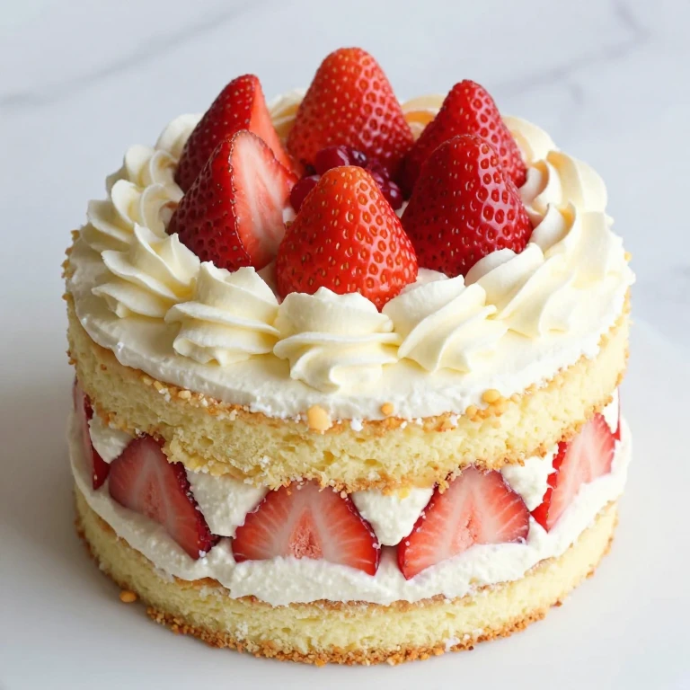 Strawberry shortcake with two layers, whipped cream filling, and fresh berries