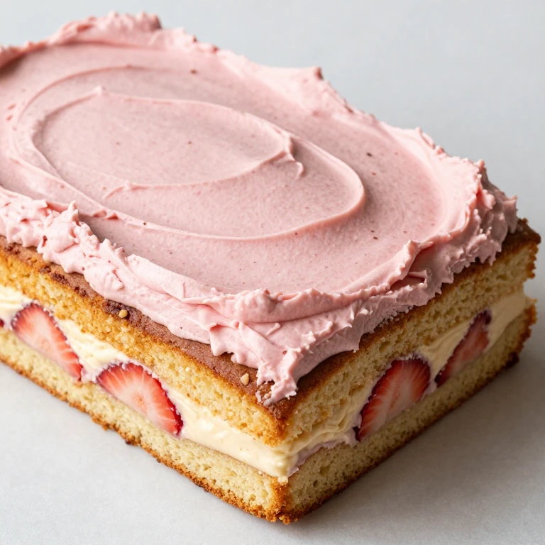 Brown butter strawberry sheet cake with pink strawberry frosting