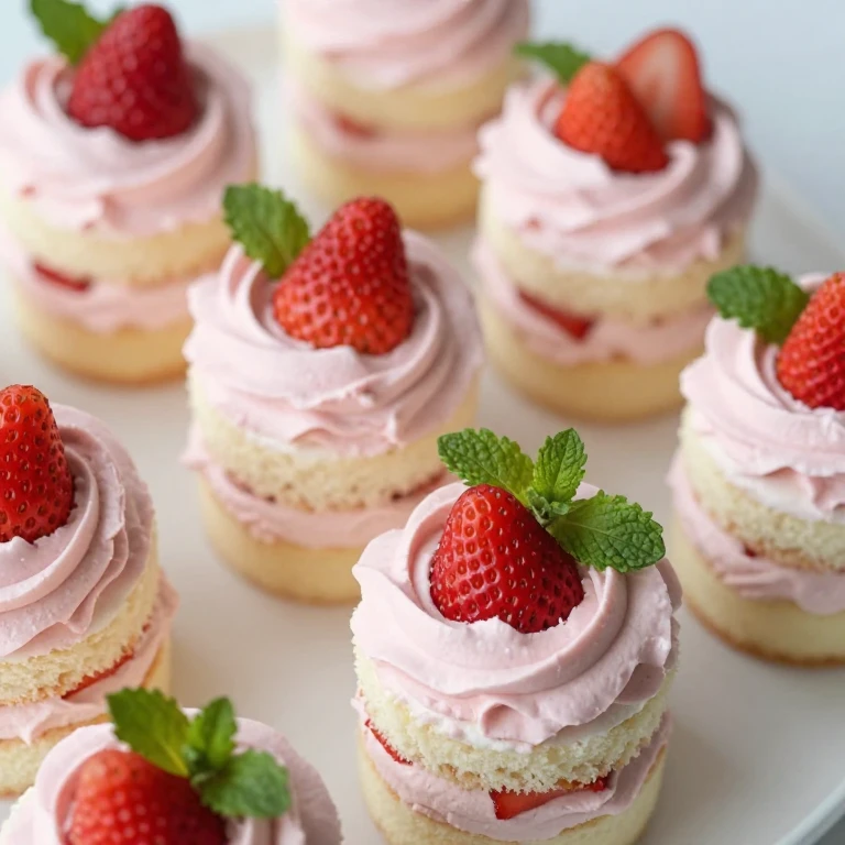 Mini strawberry layer cakes with frosting, berries, and mint garnish