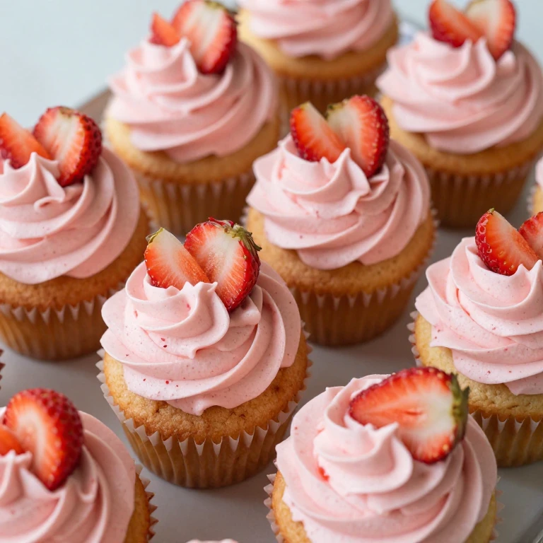 Strawberry buttermilk cupcakes with pink frosting and fresh strawberry toppers