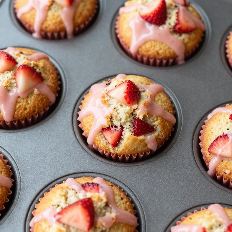 Strawberry snack cake muffins with pink strawberry glaze drizzle