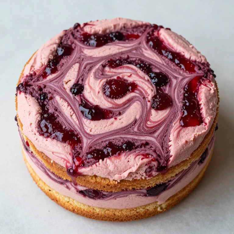 Swirl cake with marbled raspberry and strawberry puree throughout