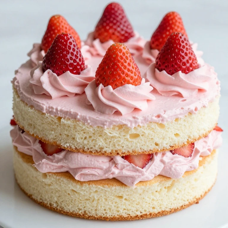 Strawberry chiffon cake layers with pink frosting and fresh berries