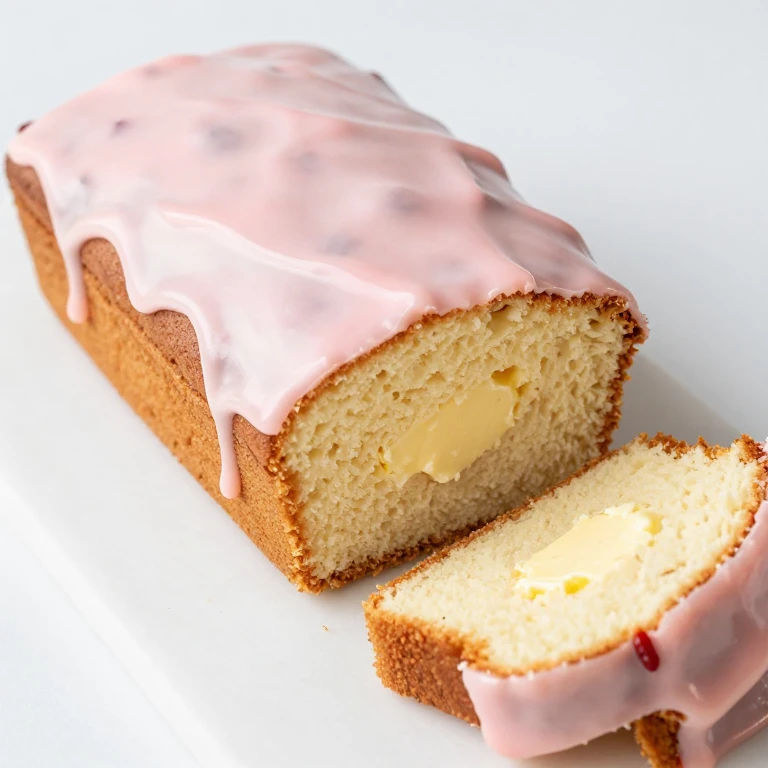 Strawberry cream cheese loaf cake with pink strawberry glaze