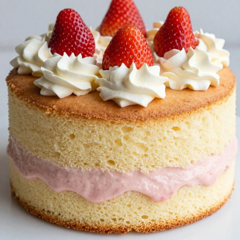 Tall strawberry chiffon cake with whipped cream and fresh strawberries