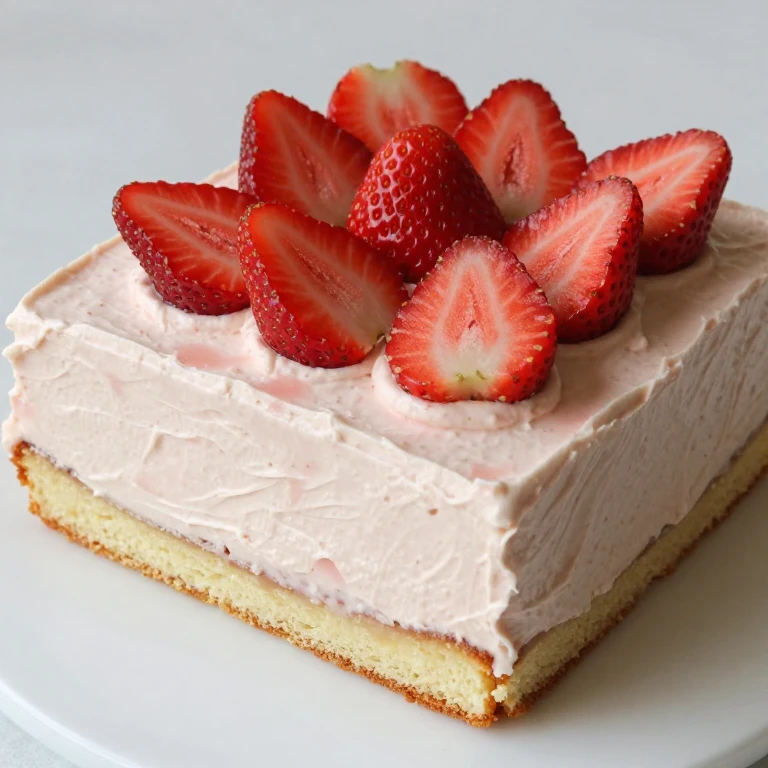 Rectangular strawberry sheet cake with cream cheese frosting and berries