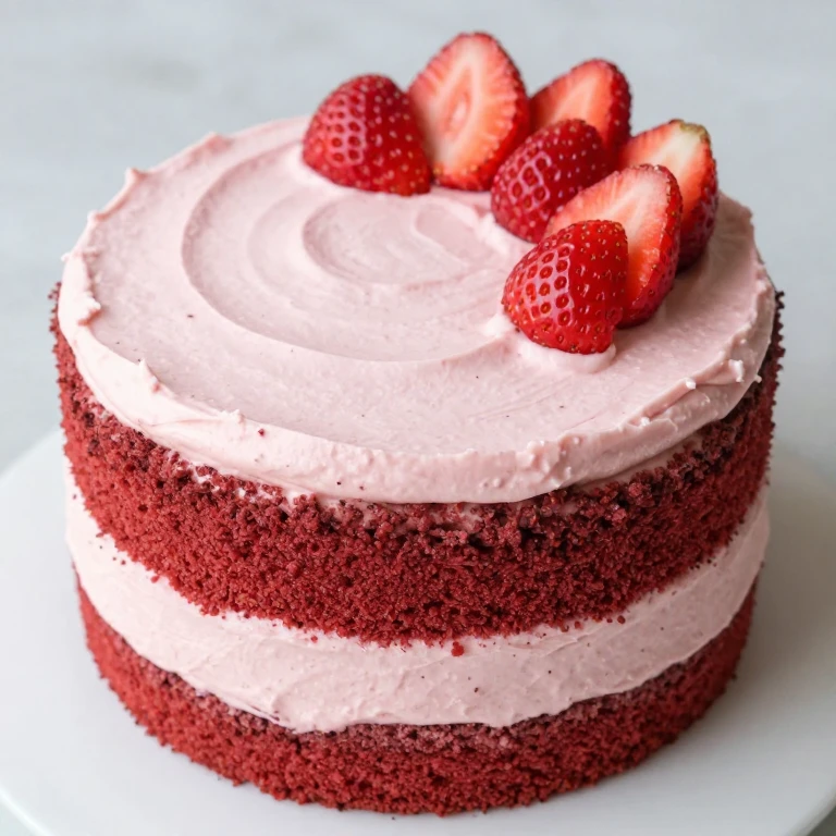 Strawberry velvet cake with mascarpone frosting and berry garnish