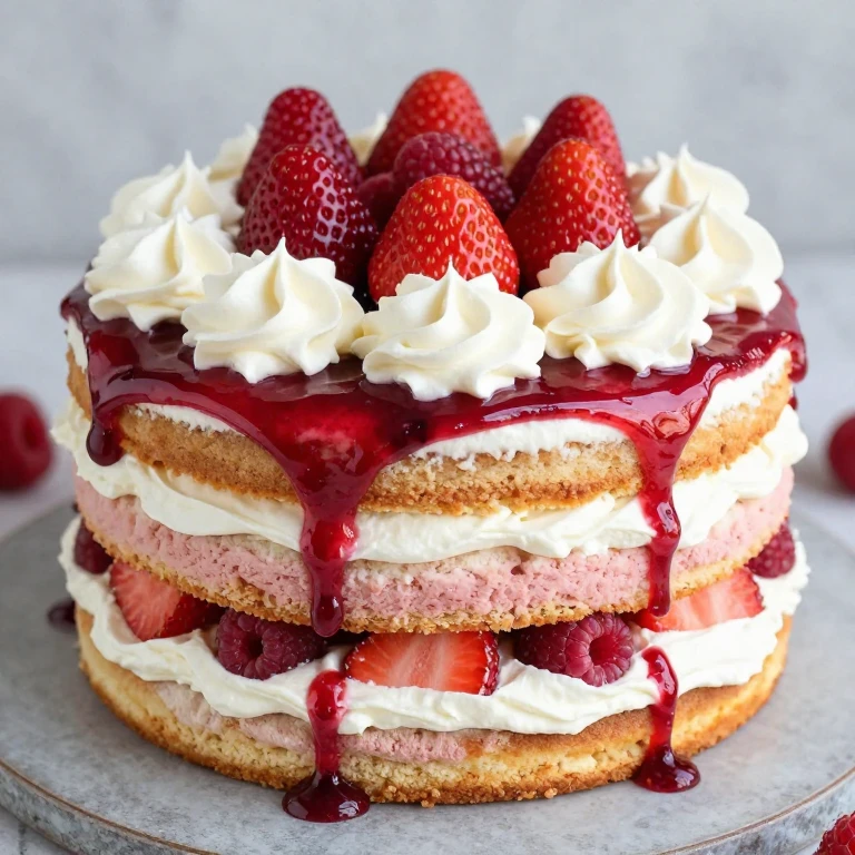 Naked strawberry cake with visible layers and berry compote