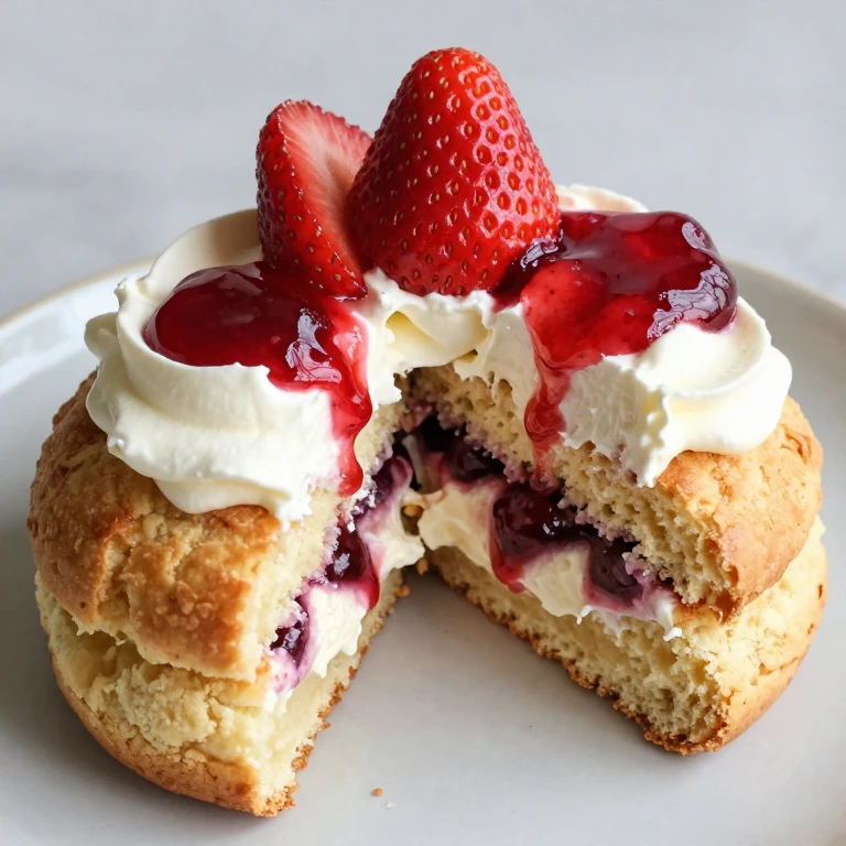 Strawberry shortcake with fluffy biscuit, whipped cream, and berries