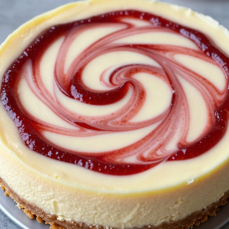 Strawberry swirl cheesecake with graham cracker crust and marbled top