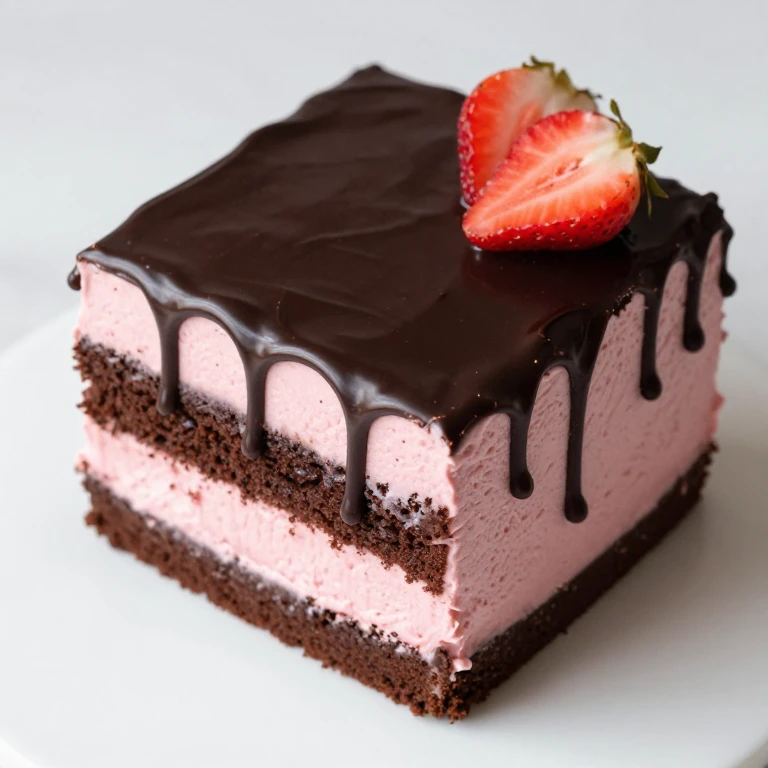 chocolate strawberry square layer cake with chocolate ganache drip and pink frosting