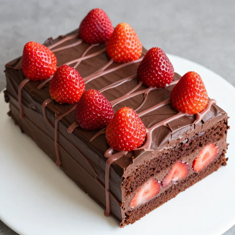 Chocolate-strawberry rectangle sheet cake with swirled strawberry glaze and fresh berry garnish