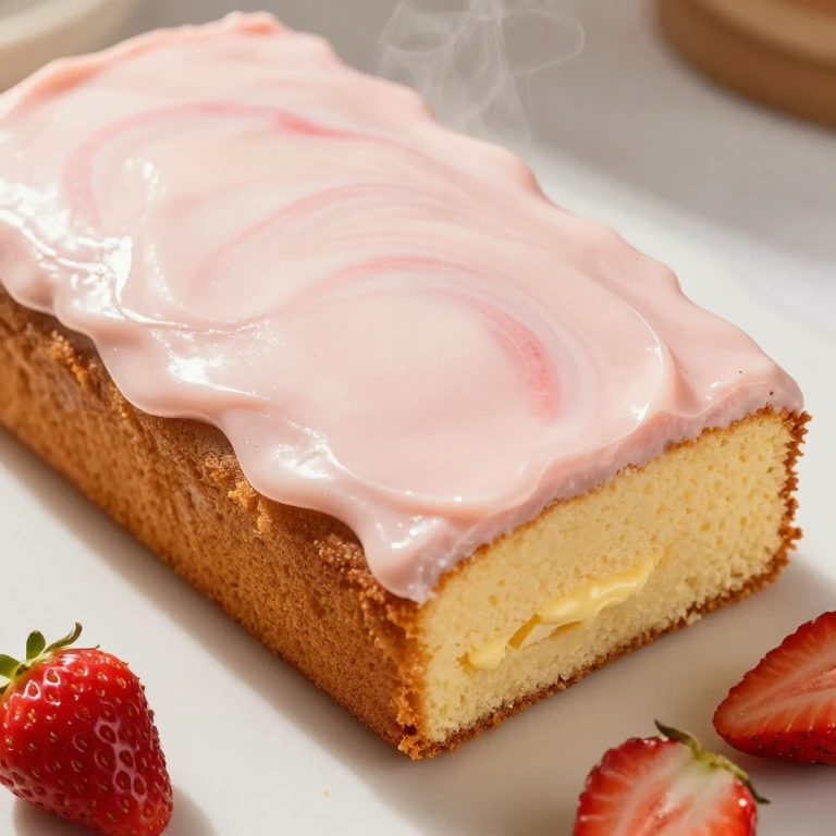 rectangular strawberry cake with pale pink icing, golden sponge, fresh strawberries
