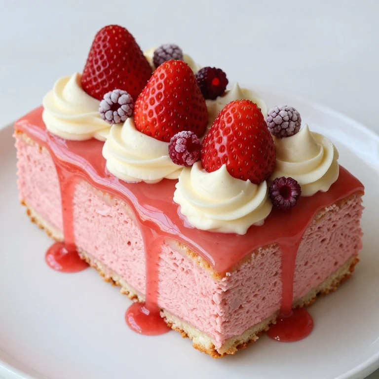 strawberry sheet cake with glossy pink puree glaze and cream cheese frosting topped with fresh berries