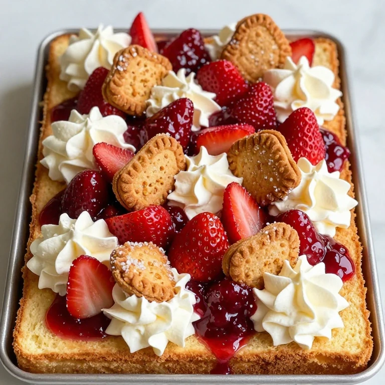 strawberry shortcake sheet with golden biscuits, fresh strawberries, and whipped cream