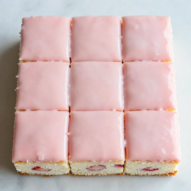 Nine perfect strawberry glazed cake squares with sharp edges and creamy pink topping