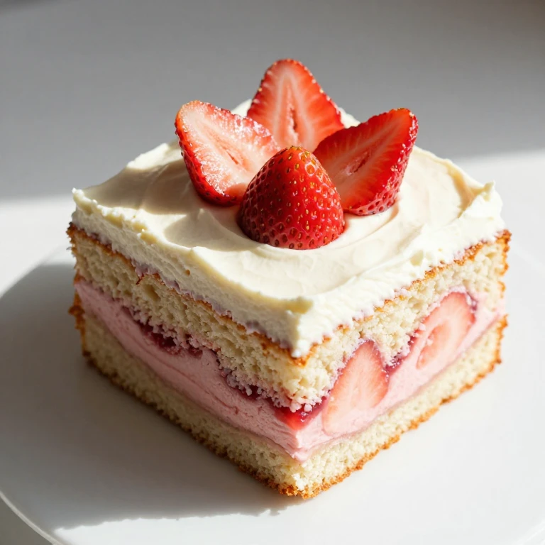 square strawberry cake with cream cheese frosting and fresh strawberry slices