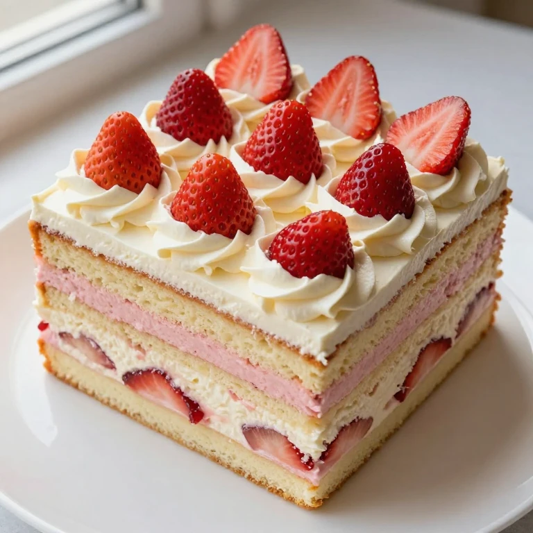 Square strawberry layer cake with whipped cream frosting and fresh strawberries