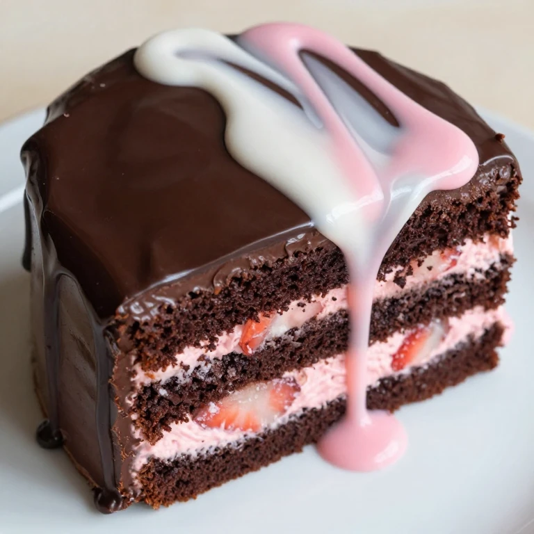 Chocolate cake with strawberry cream filling and dark chocolate ganache drip