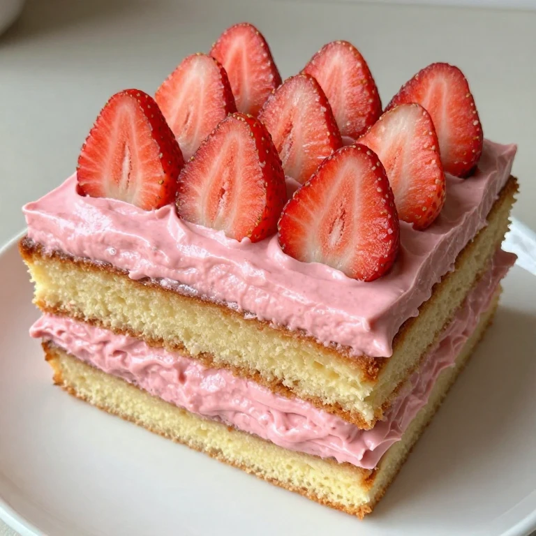 Two-layer square cake with pink strawberry buttercream and fresh strawberry topping