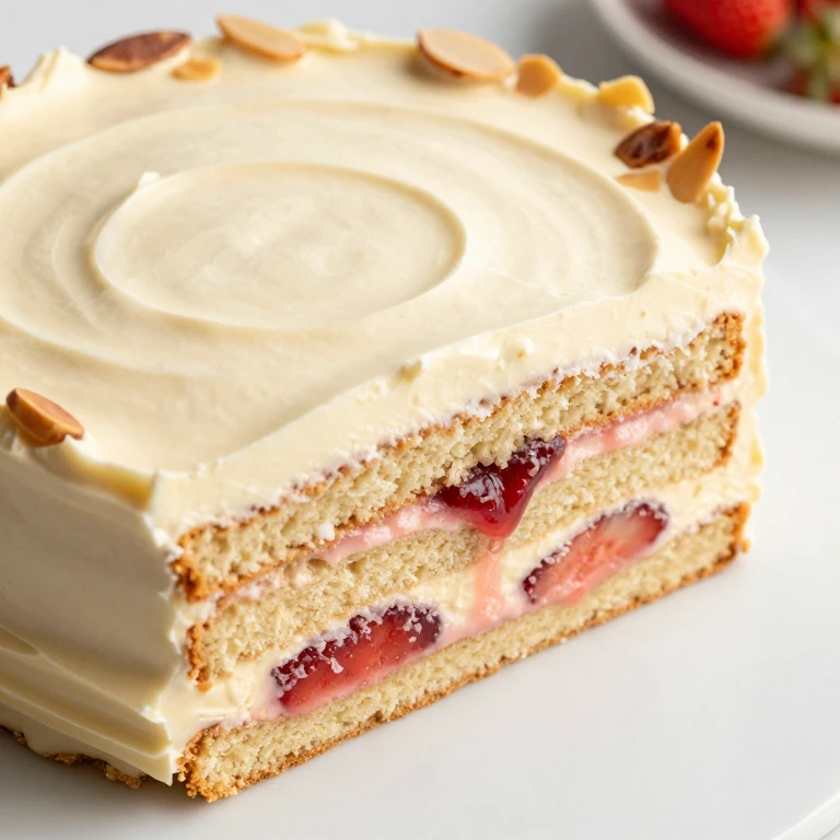 Almond cake with strawberry jam and creamy mascarpone frosting