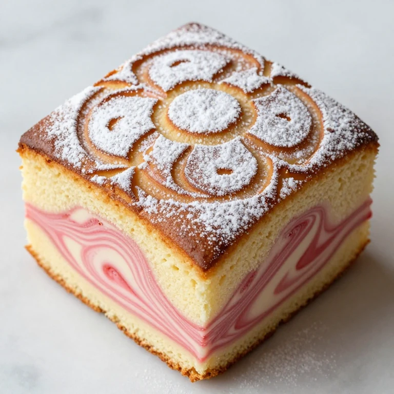 Marble square cake with vanilla and strawberry swirl pattern, dusted with powdered sugar