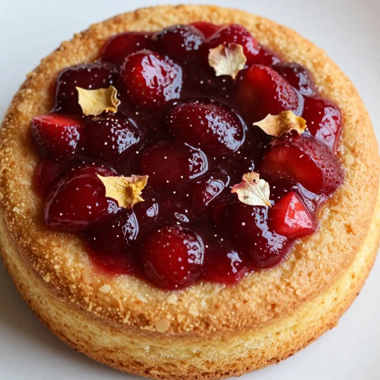Almond cake with strawberry compote and candied petal garnish