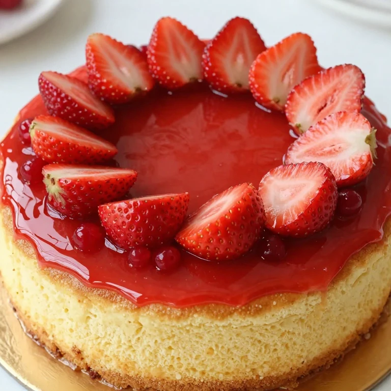 Vanilla cake with strawberry glaze and arranged fresh strawberry halves