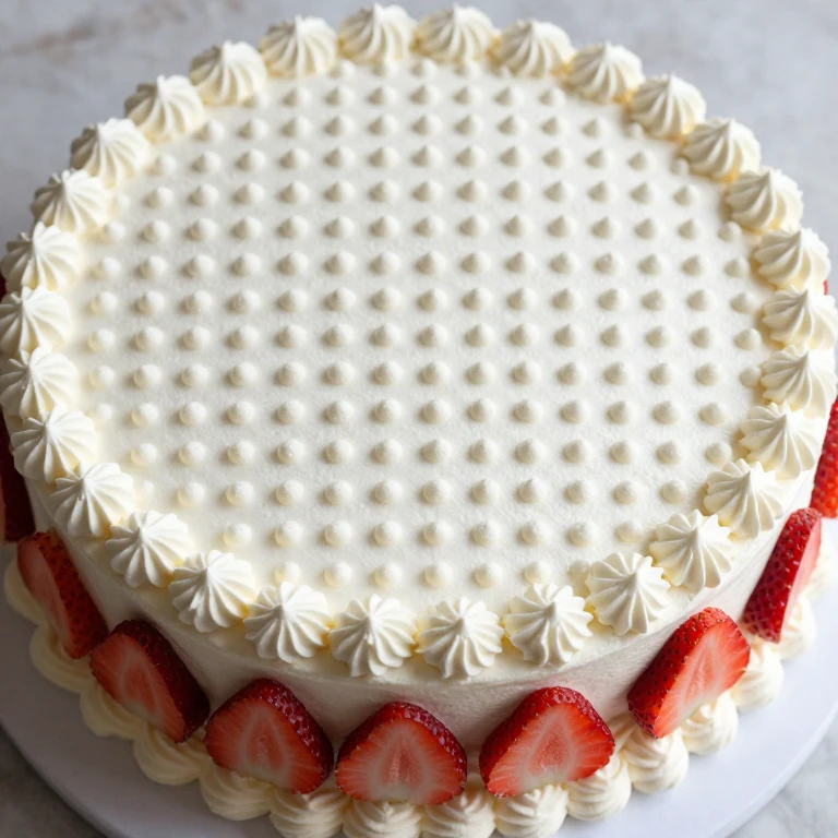 Geometric dot grid cake with piped pattern and strawberry garnish