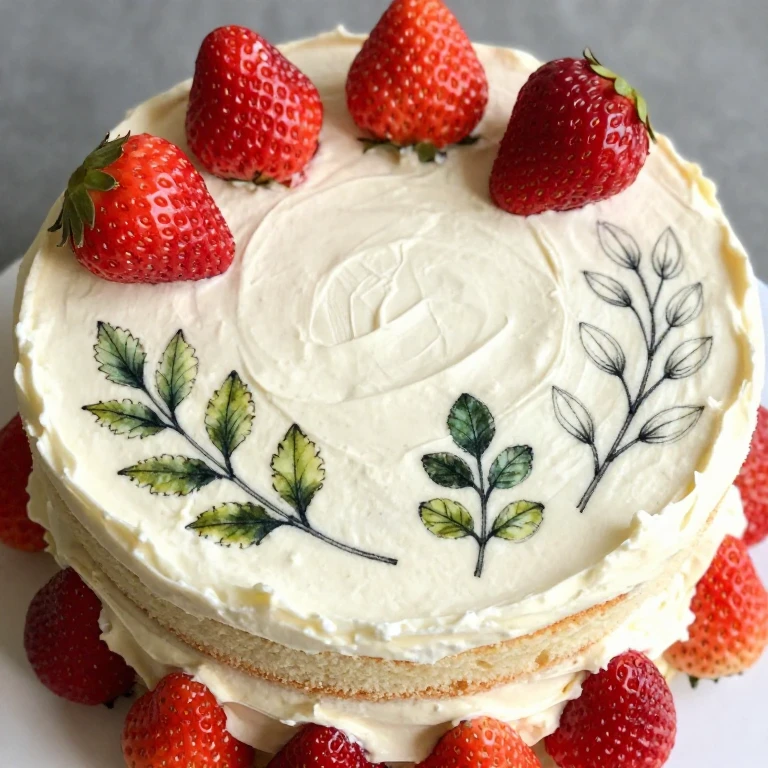 Botanical sketch cake with whole strawberries and hand-drawn leaf designs