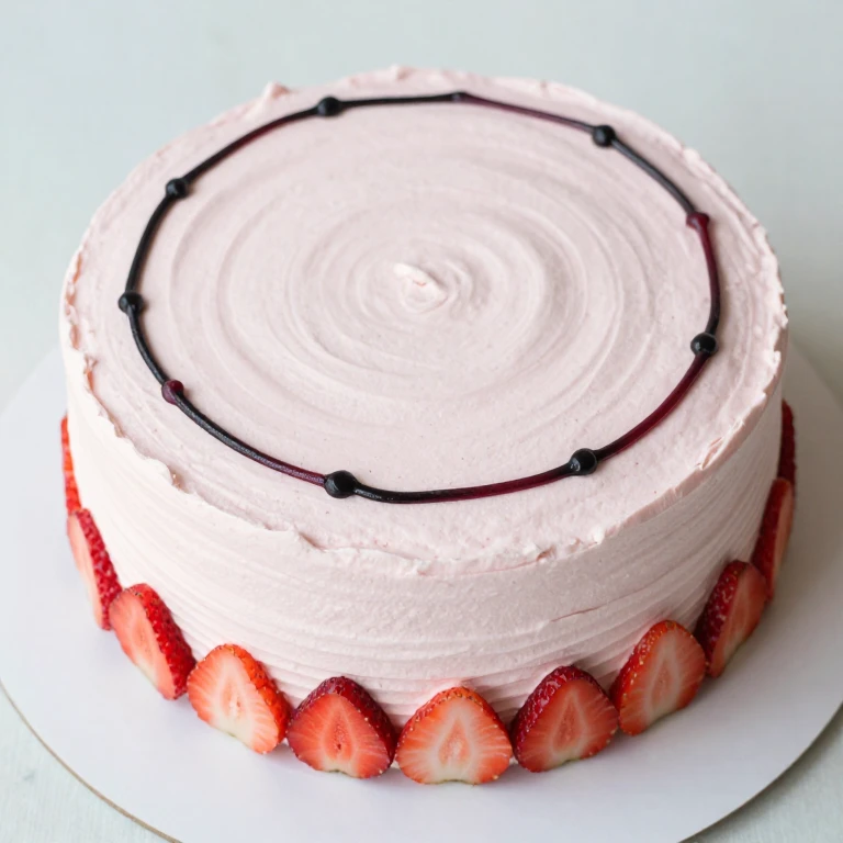 Elegant strawberry cake with piped line design and fresh berries